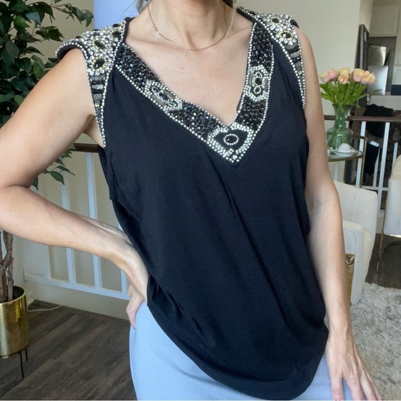Unearth & Strano Sleeveless Beaded Embellish V Neckline Black Top Tank Shirt XXL - Picture 3 of 14